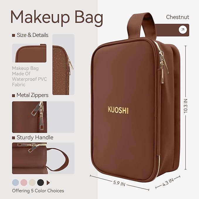 Travel Makeup Bag for Women, Large Capacity Waterproof Cosmetic Organizer with Divider & Handle, Portable Open Flat Toiletry Pouch for Travel Accessories (Brown)