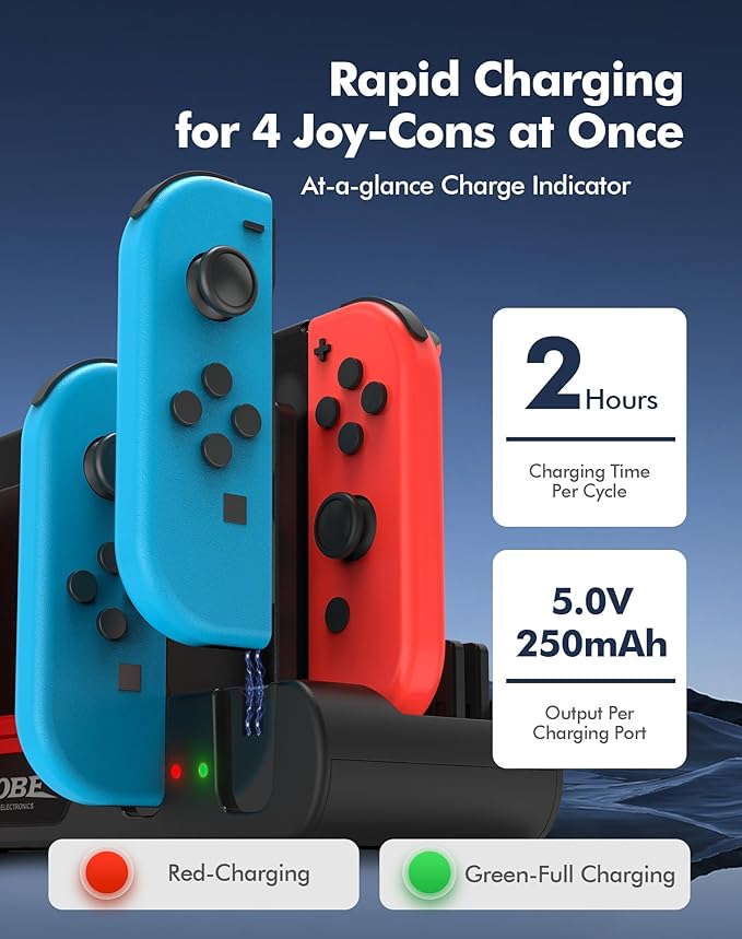 Charging Dock Compatible with Nintendo Switch/OLED Joy-Cons, Charging Station Supports simultaneous Charging of 4 Joy-con, Fully Charges Controllers in Just 2 Hours, All in One Solution for Switch