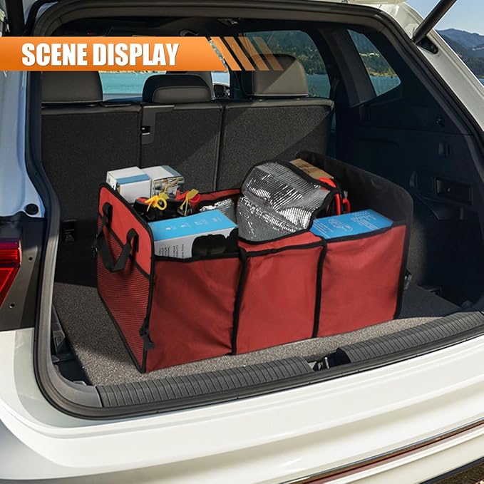 Car Trunk Organizer, Oxford Fabric Waterproof & Anti-Slip Vehicle Storage Box with Leak Proof & Insulated Cooler Bag, Large Capacity Foldable Auto Storage Box for Car, SUV, Truck (Red)