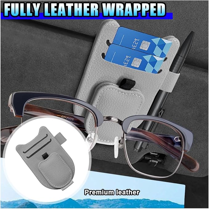 2PCS Sunglass Holder for Car Sun Visor, Magnetic Leather Vehicle Glasses Eyeglass Mount & Ticket Card Clip, Automotive Interior Visor Accessories, Universal for Sedan SUV Truck (Grey)