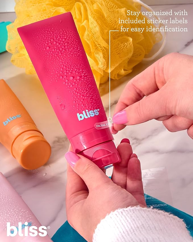 Bliss Travel Bottles Set - 4/7/10 Piece TSA Approved Leak-Free Refillable Travel Size Toiletries Containers for Skincare, Lotion, Shampoo, and Conditioner, 4pc Silicon Amalfi Vibes