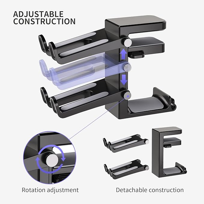 Adjustable Headphone Stand Desk-Sided Clamp Headphone Hanger with Handle PC Gaming Headset Holder (Under Desk with Handle)