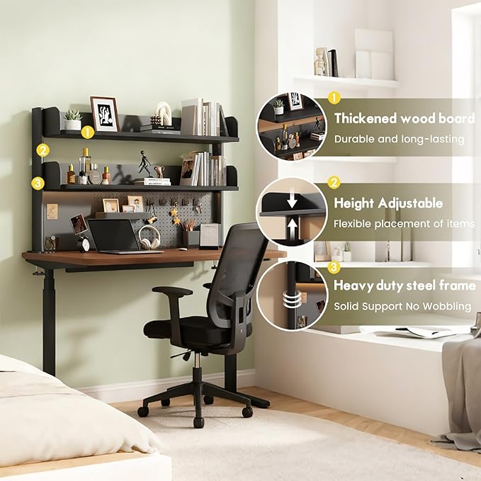 Clamp On Desk Shelf Organizer with Pegboard Desk Hutch Dorm with Storage Bookshelf Desk Top Organizer Shelf Multi-Purpose White & Black Desktop Shelves & Office Shelves (Black, W - 23.6")
