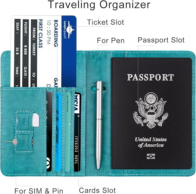 WALNEW Passport Holder for Travel, RFID Passport Cover Wallet for Women Men, PU Leather Passport Book Card Holder Case with Pen (Elastic Band Closure, C-Blue)