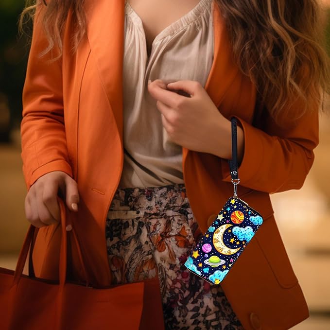 Wallet,Leather Long Wallet Suitable For Ladies And Teenagers - Detachable Wristband + RFID Travel Wallet With Card Slot - Colored Universe
