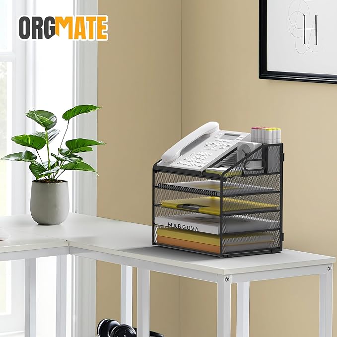 Letter Tray Paper, 5 Tier Desk Organizer with Pen Holder and Handle, Mesh File Organizer Paper Sorter Metal Desktop Document Shelf for Office Home Classroom - Black