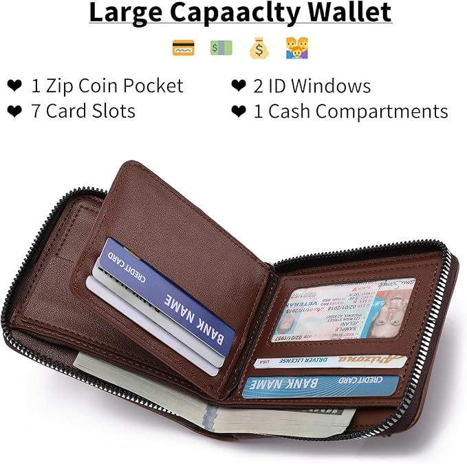 Zipper Wallet for Men Leather Bifold Pocket Wallets RFID Blocking Zip Coin Credit Card Wallets -Big Capacity For Travel