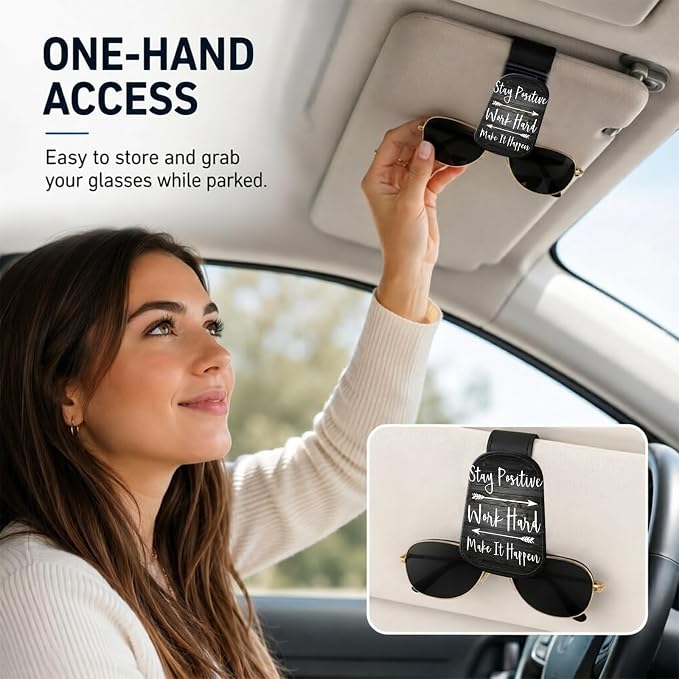 Leather Magnetic Sunglass Holder for Car Sun Visor, Cute Eyeglass Ticket Card Hanger Clip, Universal Auto Interior Accessories for SUV Pickup Truck, Motivation Quote