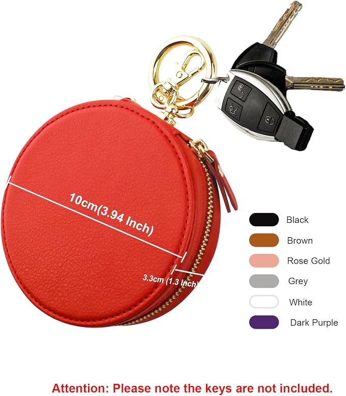 Bocasal Coin Pouch Mini Lipstick Cosmetic Bag with Airtag Holder Mirror, Leather Zipper Travel Makeup Bag Organizer Keychain Ring Clasp for Keys Earbuds Earphone Lip Gloss Chapstick Women Girls (Red)