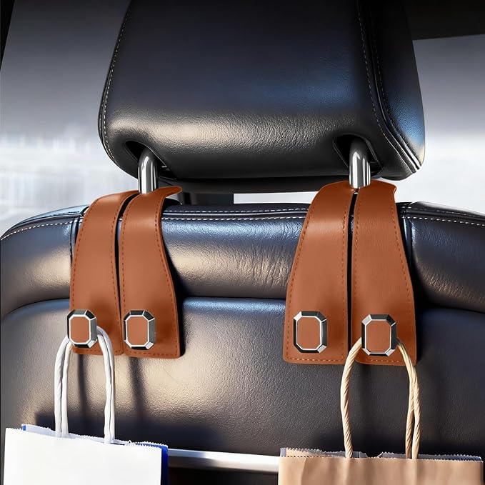 2PCS Car Headrest Hooks, Nappa Leather Metal Vehicle Double Seat Back Storage Hook for Purse Bag Coat, Multifunctional Automotive Interior Hanging Hanger, Universal Fit (Orange)