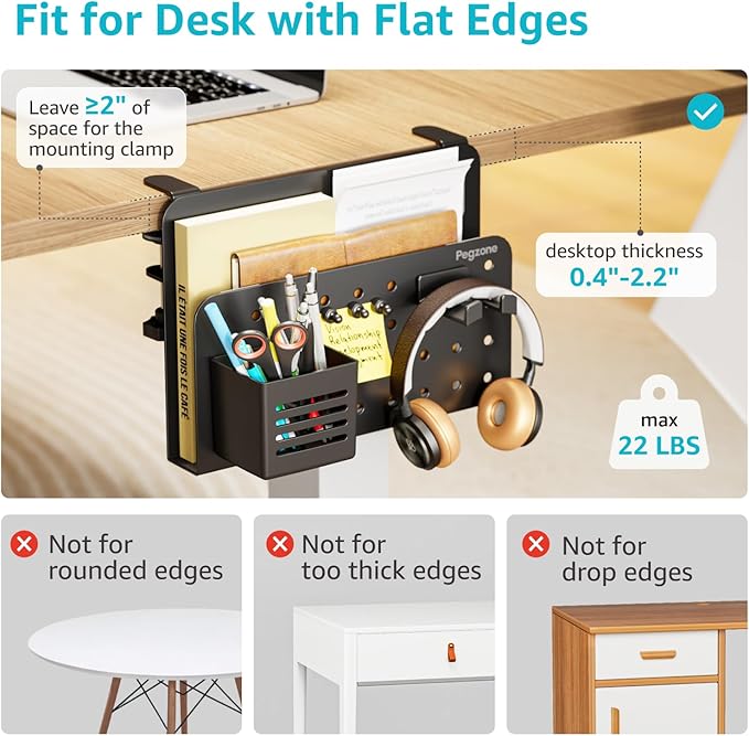 Desk Side Storage Organizer, No Drill Under Desk Laptop Holder, Clamp on Desks Shelf with Pegboard Accessories, Hanging Laptop Mount, Fits Flat Edge 0.4" to 2.2", Black