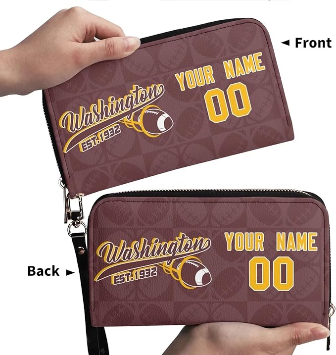 Custom Sports Team Zip Organizer Wallet-Personalized PU Leather Wallet with Name Number,Multi-Card Slots,Wrist Strap,Fan Gift for Men Women.