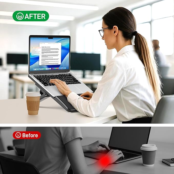 AFOOYO Adjustable Bamboo Laptop Stand,Portable Computer Riser,Ergonomic Notebook Mount with Wrist Rest,Compatible with 9.8-15'' All Laptops,MacBook Air Pro/HP/Dell/Lenovo,Black