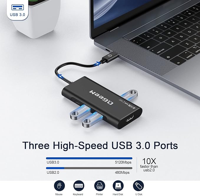 QGeeM USB-C 7-in-1 Dongle with 100W PD, 3x USB 3.0, SD/TF Card Reader, Compatible with MacBook, iPad, Dell XPS & More - Black