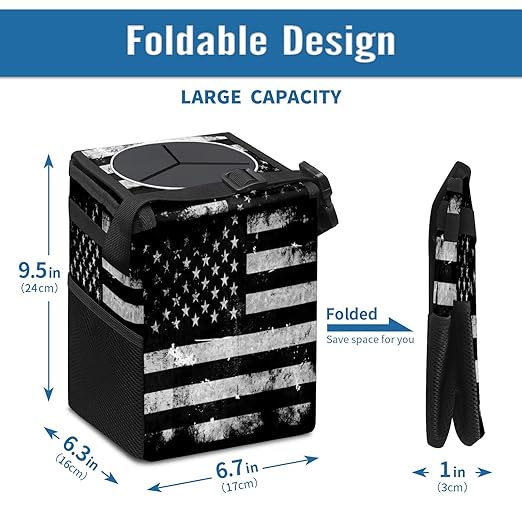 Car Trash Can Black White Grunge American Flag Auto Garbage Bag Car Trash Can with Lid Leak-Proof Car Storage Bag Garbage Bag Hanging for Headrest Collapsible and Portable with Storage Mesh Pocket
