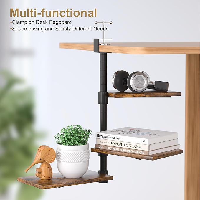 Clamp On Desk Shelf 3-Tier, Adjustable Height Wood Shelving Unit for Office Desk Gaming Accessories, 360° Rotatable Storage Tray, Desktop Book Organizer Storage Rack, Shelf for Top of Desk