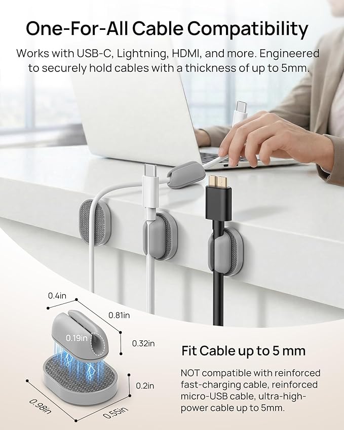 6 Pack Magnetic Cable Holder [2 in 1 Magnet & Adhesive] Cable Clips Silicone for Phone Charger, SODI Minimalist Cord Holder for Nightstand, Adhesive Cord Organizer for Desk, Car, Office (White)