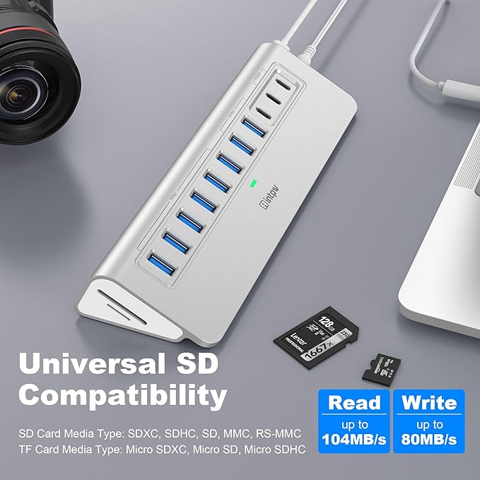 Powered USB Hub 10Gbps, intpw YH9AC Plus 13 Port USB 3.2 Hub(USB A/USB C 3.2+6 USB-A 3.0+2 PD 45W Fast Charging Ports+SD/TF Card Reader), 65W Power Adapter,Aluminum USB HUB for PC,Laptop,iPhone 17/16