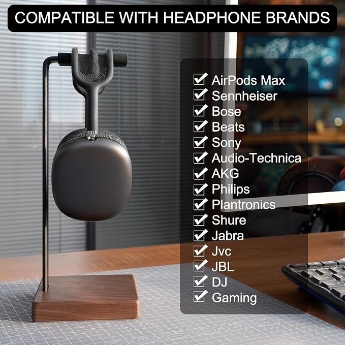 GEVO Headphone Stand Headset Holder - Headset Metal Mount Rack for Desk with Walnut Wooden Square Base for Gaming, AirPod Max, Bose, Sony, Razer, Jabra, JBL