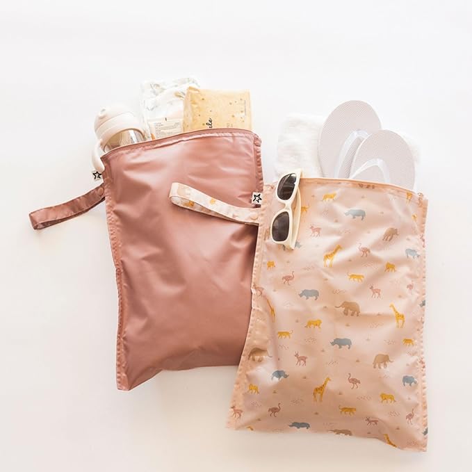 Tiny Twinkle Mess Proof Wet Bags | 2-Pack Reusable Waterproof Wet Bags for Swimsuits | Baby Clothes | Travel & Diaper Bag (Petite Safari)