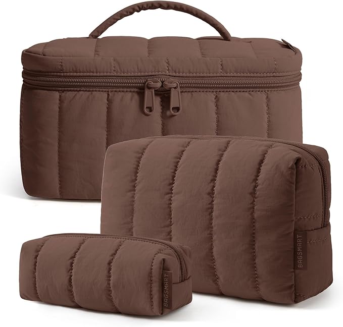 BAGSMART Travel Makeup Bag for Women, 3 Pcs Puffy Padded Cosmetic Organizer Bag, Large Toiletry Case and Small Purse Pouch for Gym, Work, Girls (Tan Brown)
