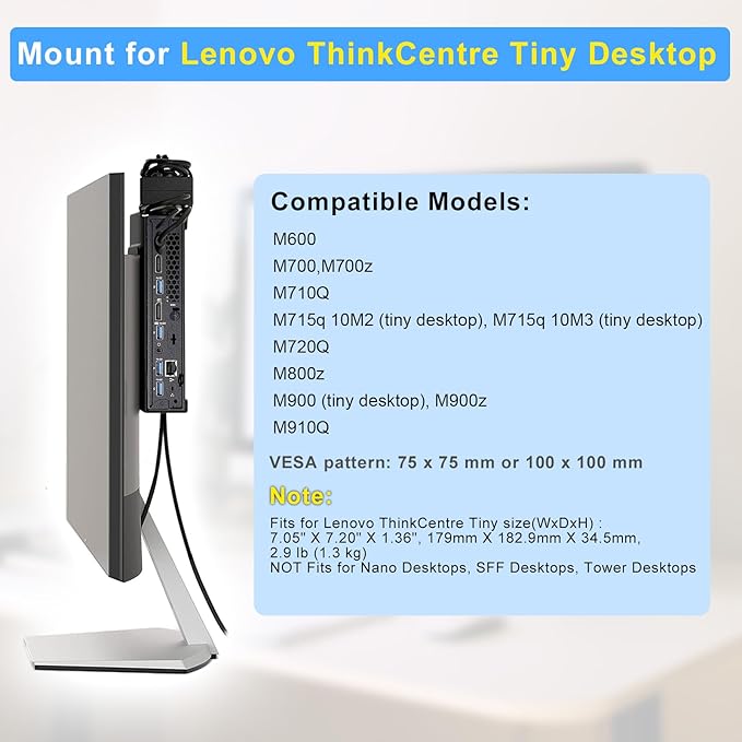 Mini PC Mount for Lenovo ThinkCentre Mounting Bracket Wall VESA and Under Desk Mount for Lenovo ThinkCentre Tiny Desktops M600 M700 M710Q M715q M720Q M800z M900 M910Q Mini Desktop Bracket