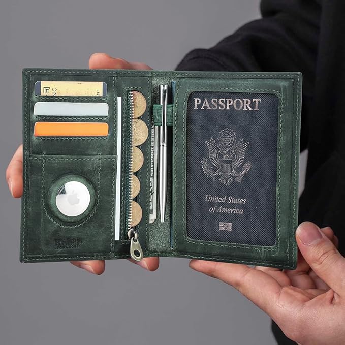 CONTACTS Full Grain Leather Passport Holder RFID Blocking Travel Passport Wallet Compatible with Airtag Passport Cover Case with 4 Cards Slots, Coin Pocket (Green)