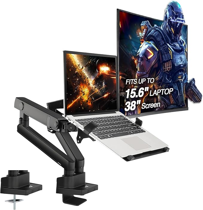 AVLT Laptop and Monitor Arm, Fits 15.6" Notebook and 38" Screen, Dual Full Motion Adjustable Arms, Ergonomic VESA Mount to Organize Work Surface & Remove Clutter