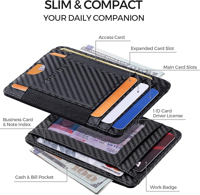 RUNBOX Slim Minimalist Wallet 8-12 Cards Front Pocket RFID Blocking Leather Small Thin Card Holder Wallets for Men and Women Gifts for Him