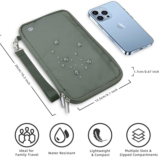 WALNEW RFID Family Passport Holder Wallet with Tracker/AirTag Holder, Travel Document Organizer Zipper Pouch with Wristlet and Cross Body Straps for Women Men