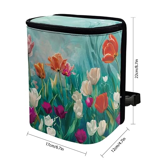 Biyejit Tulip Flowers Car Rubbish Storage Reusable Car Trash Can for Car SUVs Vans, Car Trash Bag Bin Hanging Waterproof Automotive Car Garbage Cans Leak Proof Vehicle Trash Can