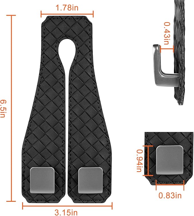 2 Pack Car Seat Headrest Hooks, Nappa Leather Car Back Seat Hangers for Purses and Bags, Woven Design with Double Dual Zinc Alloy Hooks for Car Organization and Storage(Black)