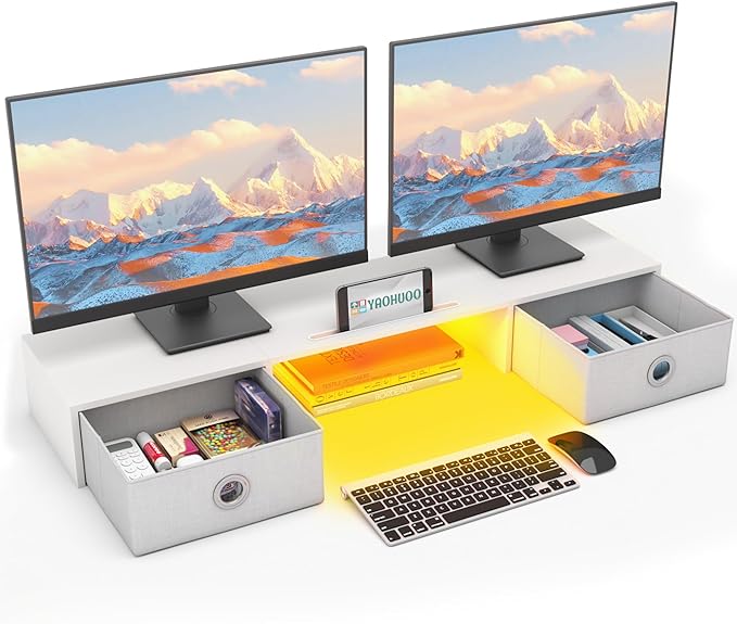 YAOHUOO Dual Monitor Stand with LED Light 2 Drawers, Computer Monitor Riser for 2 Monitors, Large Desktop Organzier with Storage for PC/Laptop/Computer/TV Screen/Printer