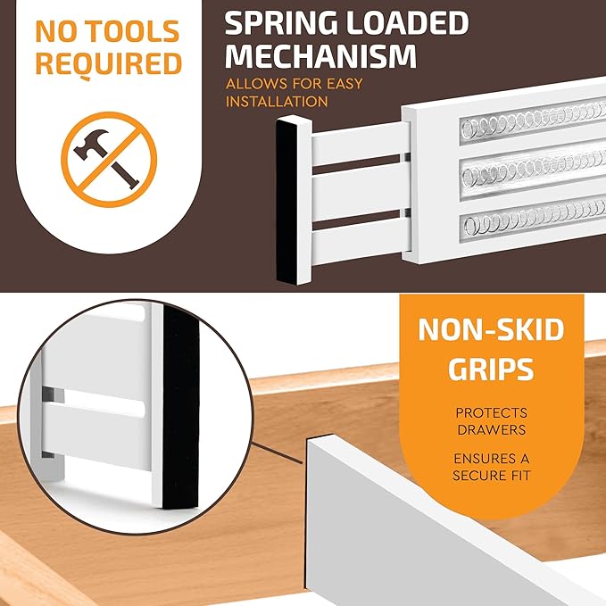 6-Pack Drawer Dividers 4 Inch High, 11??17" Adjustable Bamboo Organizers Large Expandable Drawer Separators for Cloths, Dresser, Bedroom, Bathroom, Baby Drawer, Office & Kitchen Utensils (White)