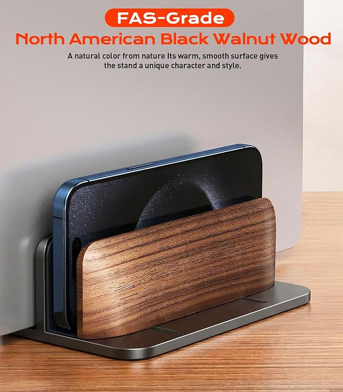 JCZT Vertical Laptop Stand, Walnut Dual Laptop Holder with Adjustable Aluminum Alloy Base Laptop Stand Compatible with All MacBok/Surface/Samsung/HP/Dell/Chrome Book (Black)