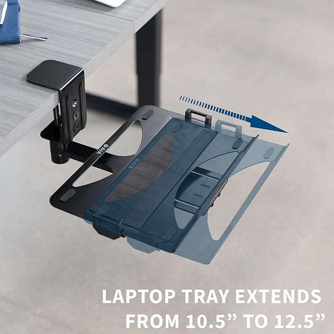 VIVO Clamp-on 12 x 9 inch Rotating Laptop Tray, Extra Sturdy Single Desk Swivel Clamp, Ergonomic Typing, Black, MOUNT-LAP1CB