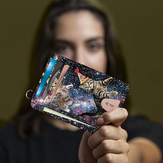 Small Travel Wallets, Cats Galaxy Nebula Slim Minimalist Front Pocket Wallet with Wristlet, RFID Blocking PU Leather Credit Card Holder with ID Window Change Purse for Men Women