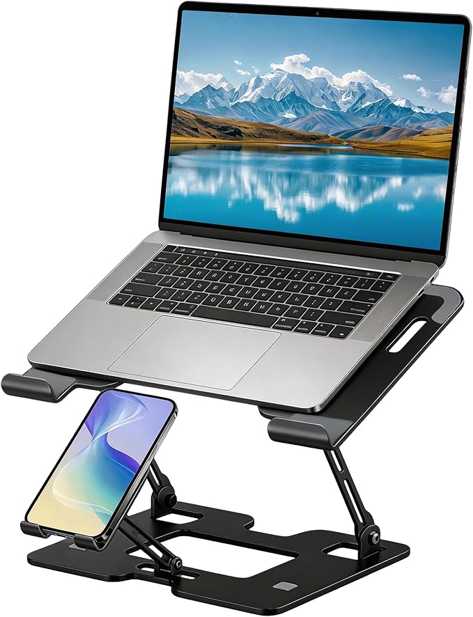 Ergonomic Adjustable 2-in-1 Laptop Stand with Phone Holder, Laptop Riser for Desk, Computer Stand for Laptop, Sturdy and Portable Stand, Compatible with Most Laptops and Phones (Black)