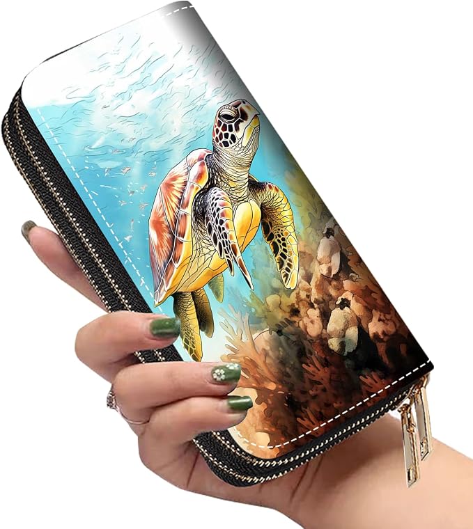 Women's Large Capacity Wallet PU Leather Double Zipper Clutch Purse Multifunctional Wallet with Removable Wristlet Strap for Smart Phone/Coin/Card/Cash - Sea Turtle
