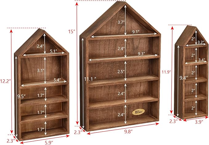 Ikee Design 3 Pcs Set House-Shaped Shelf Wooden Shadow Cubby Box Display Shelf Organizer Storage Display Shadow Box for Mini Figures,15 Compartments, Brown Color