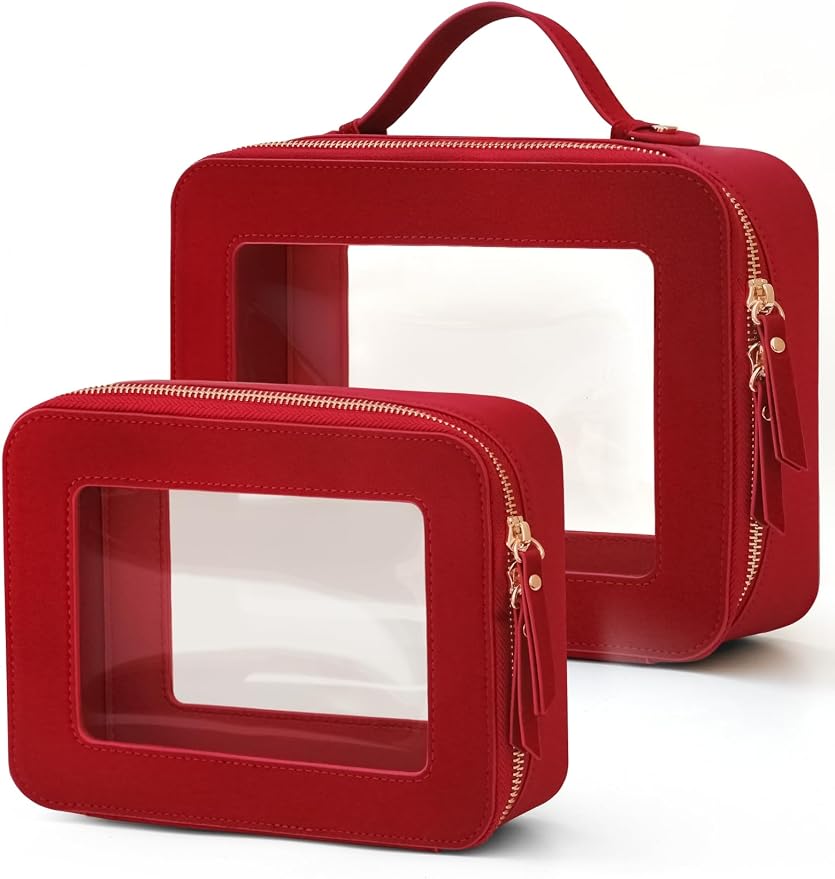 Popvibe Clear Makeup Bag Travel Cosmetic Case Toiletry Bag with Zipper, Red, Medium and Large