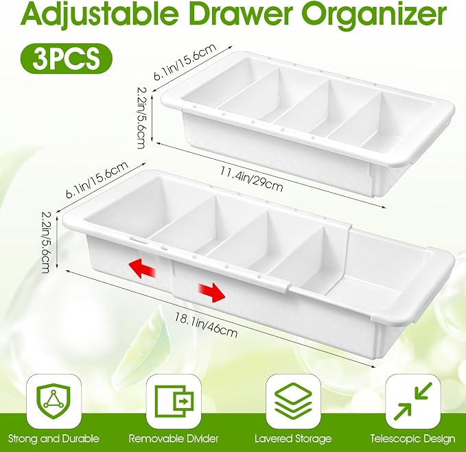 3 Pcs Expandable Drawer Organizer, Adjustable Drawer Organizer Trays Expandable Plastic Dividers Storage for Office Bathroom Bedroom Kitchen Desk (White)