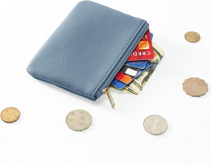 Chelmon PU Leather Coin Purse Pouch Change Holder Small With Zipper for Men Women 2 PCS Set (Blue&Light Green)