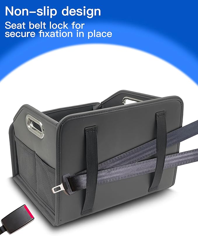 Car Storage Organizer for Seat and Floor - Car Organizer Front Seat with Metal Handle, 8 Compartments Passenger Seat Organizer, Anti-Slip Straps, Water-Resistant PU Leather (12.6 Inch Black)