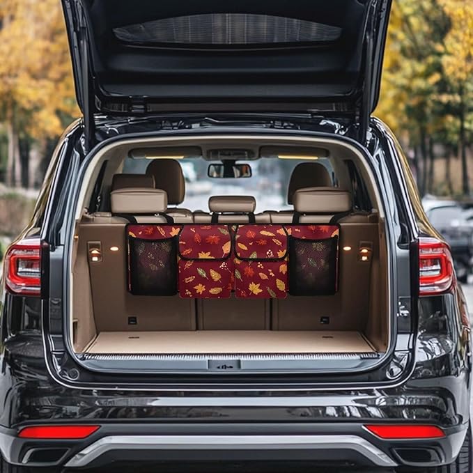 Car Trunk Organizer Thanksgiving Maple Leaves Prints Hanging Car Back Seat Storage Bag with 4 Large Pockets Multipurpose Collapsible Storage Bag Automotive Interior Accessories