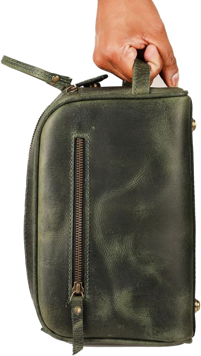 KomalC Leather Toiletry Bag for Men & Women – Handcrafted Travel Grooming Kit with Water-Resistant Lining and Secure Zipper Closure