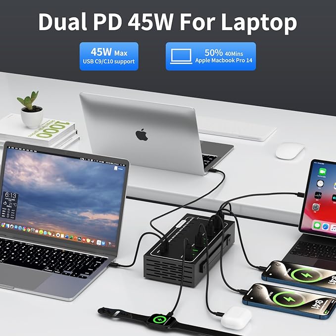 580W USB Charging Station, 20 Port (10 PD+10 QC) USB C Charger Block, Fast Charging Station for Multiple Devices with Smart Power Delivery for iPhone, iPad, Tablet and More