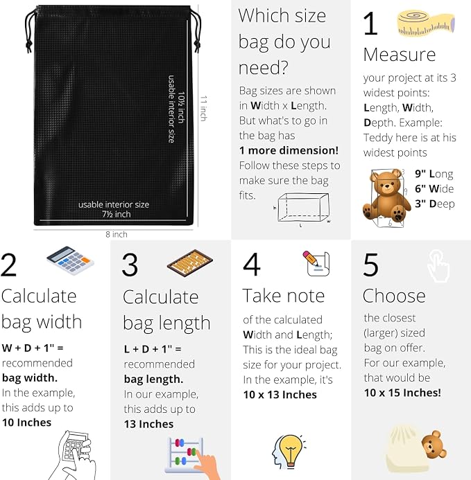 PALTERWEAR Tech-Weave PU-Coated Drawstring Bags (Set of 5) Water-Resistant, Directional-Stretch Travel Organizers for Toiletries, Tech Gear, Hobby - Durable, Wipe-Clean (Black 3D, 8 x 11 In)