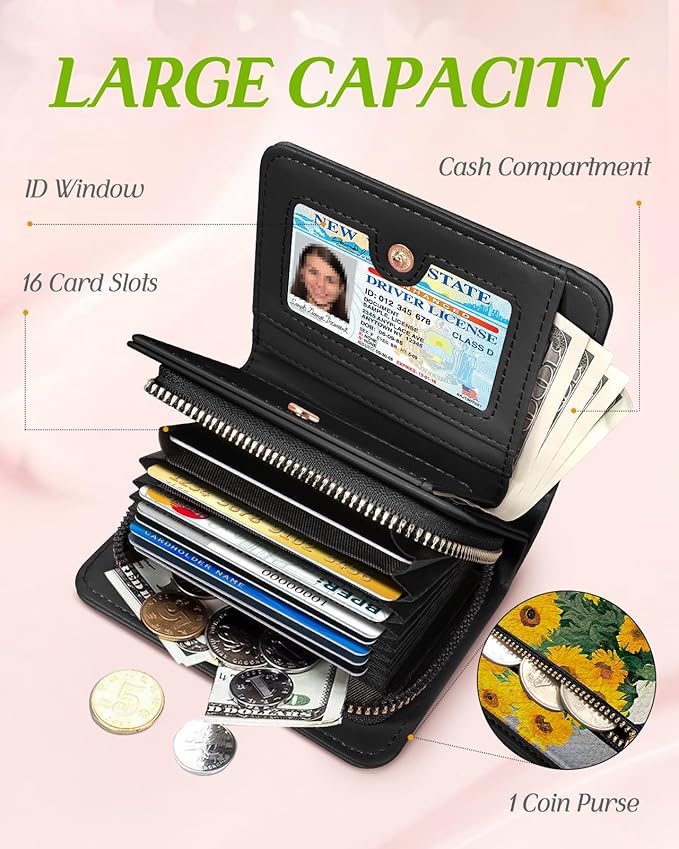 Bistup Credit Card Holder Wallet for Women Cute Leather Ladies Teen Girls Female Cardholder Wallets Accordion Purse Small Medium Aesthetic Print Sunflower Cat Modern Design Rfid Zipper Around
