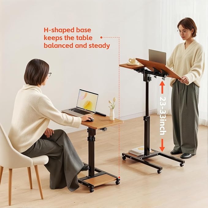 Laptop Desk Stand for Bed Portable Desk Overbed Bedside Mobile Laptop Table Rolling Foldable Table Adjustable Height with Locked Wheels & Mouse Pad for Office Sofa (Natural Color)